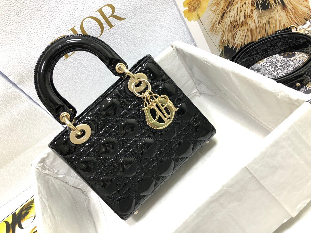 Dior Small Lady Dior Bag In Black Patent Cannage Calfskin 295