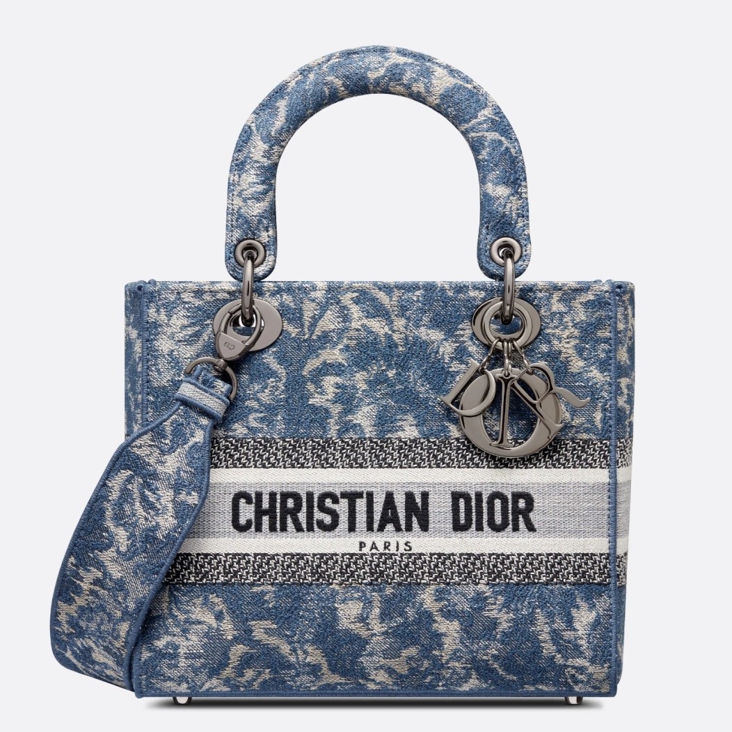 Dior Medium Lady D-Lite Bag In Blue Brocart Denim-Effect Embroidery 323