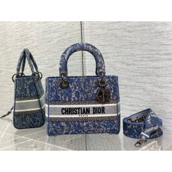 Dior Medium Lady D-Lite Bag In Blue Brocart Denim-Effect Embroidery 323