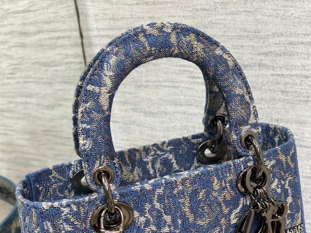 Dior Medium Lady D-Lite Bag In Blue Brocart Denim-Effect Embroidery 323