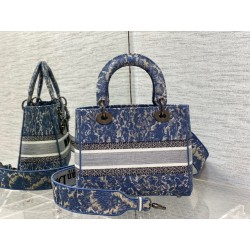 Dior Medium Lady D-Lite Bag In Blue Brocart Denim-Effect Embroidery 323