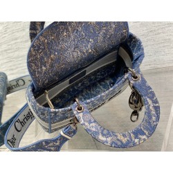 Dior Medium Lady D-Lite Bag In Blue Brocart Denim-Effect Embroidery 323