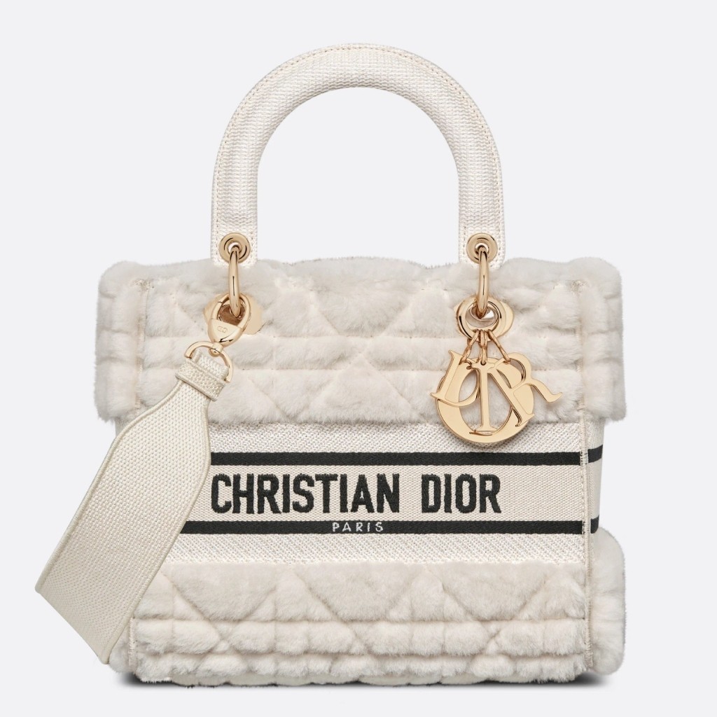 Dior Medium Lady D-Lite Bag In White Cannage Shearling 365