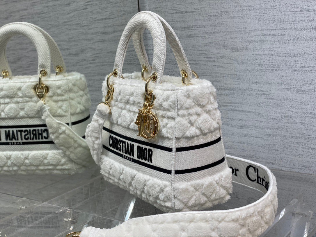 Dior Medium Lady D-Lite Bag In White Cannage Shearling 365