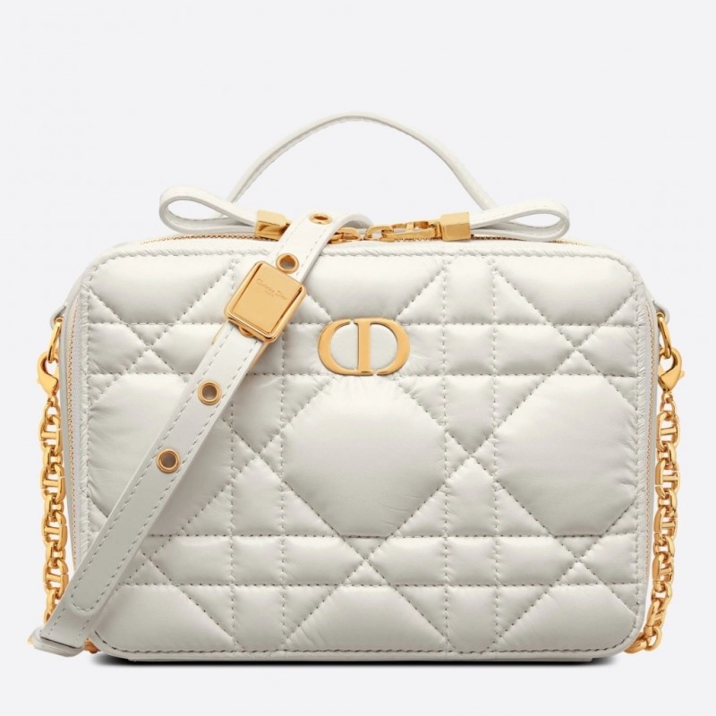 Dior Caro Box Bag with Chain in White Macrocannage Calfskin 431