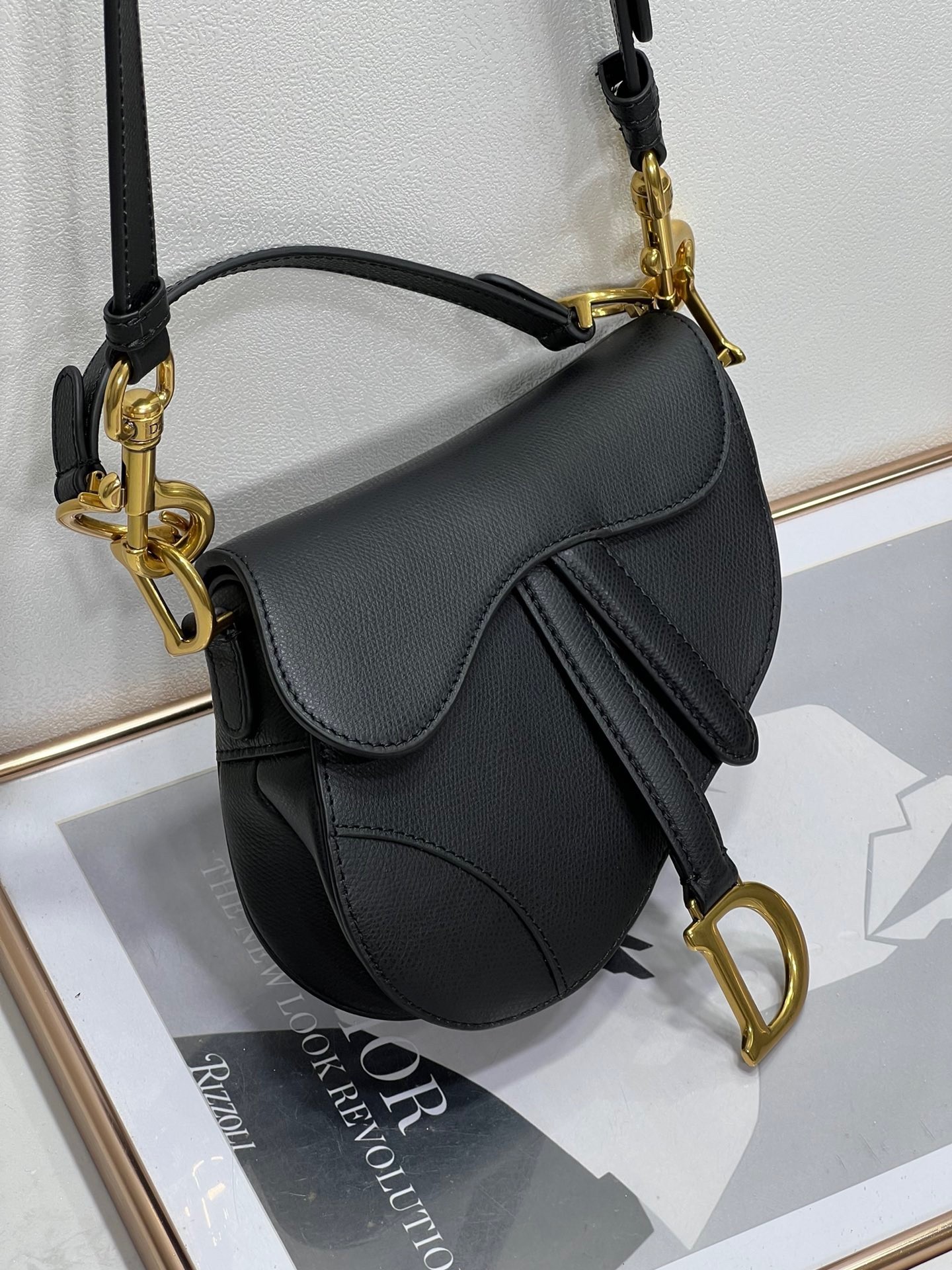 Dior Saddle Mini Bag with Strap in Black Grained Calfskin 479