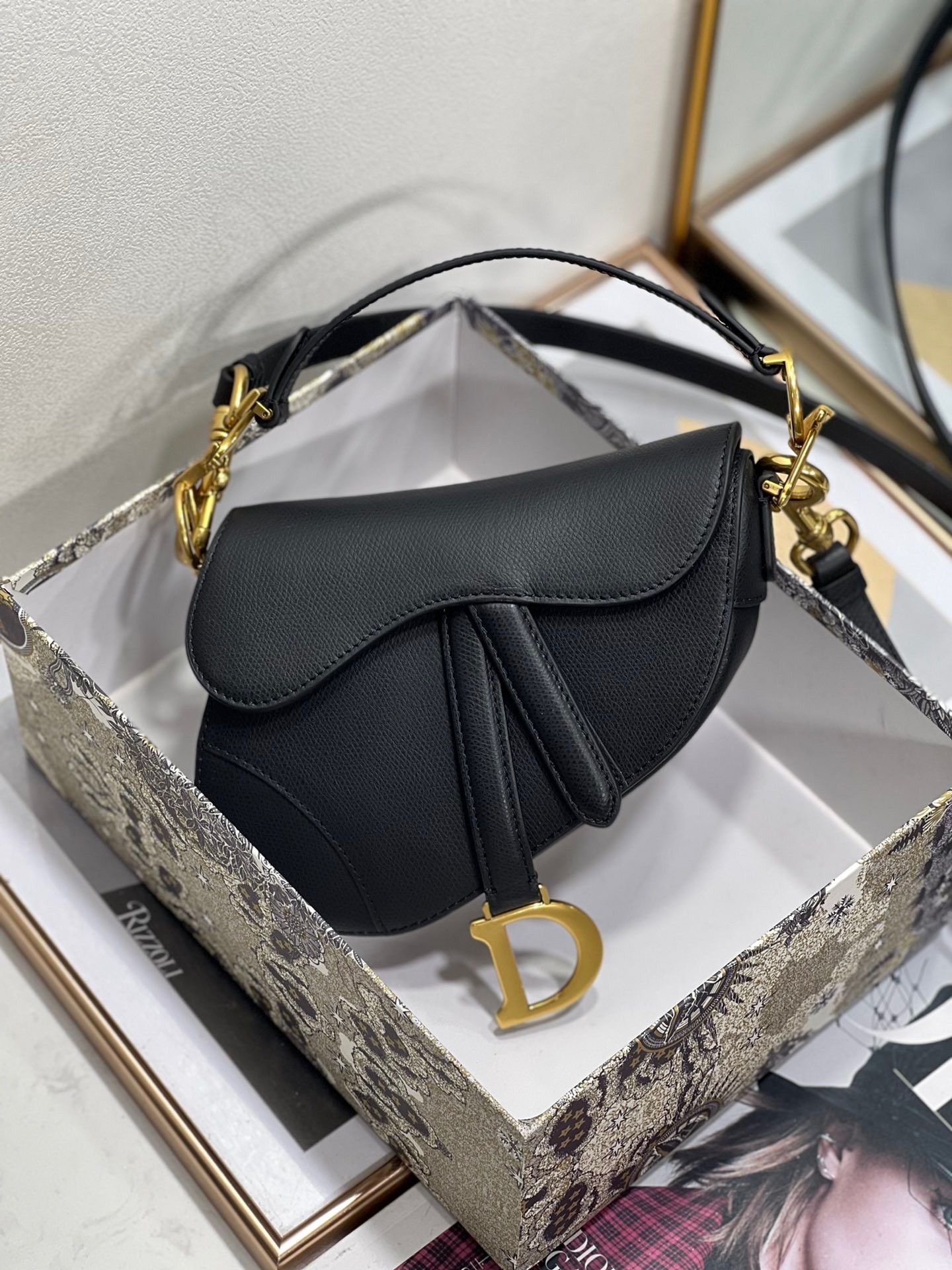 Dior Saddle Mini Bag with Strap in Black Grained Calfskin 479