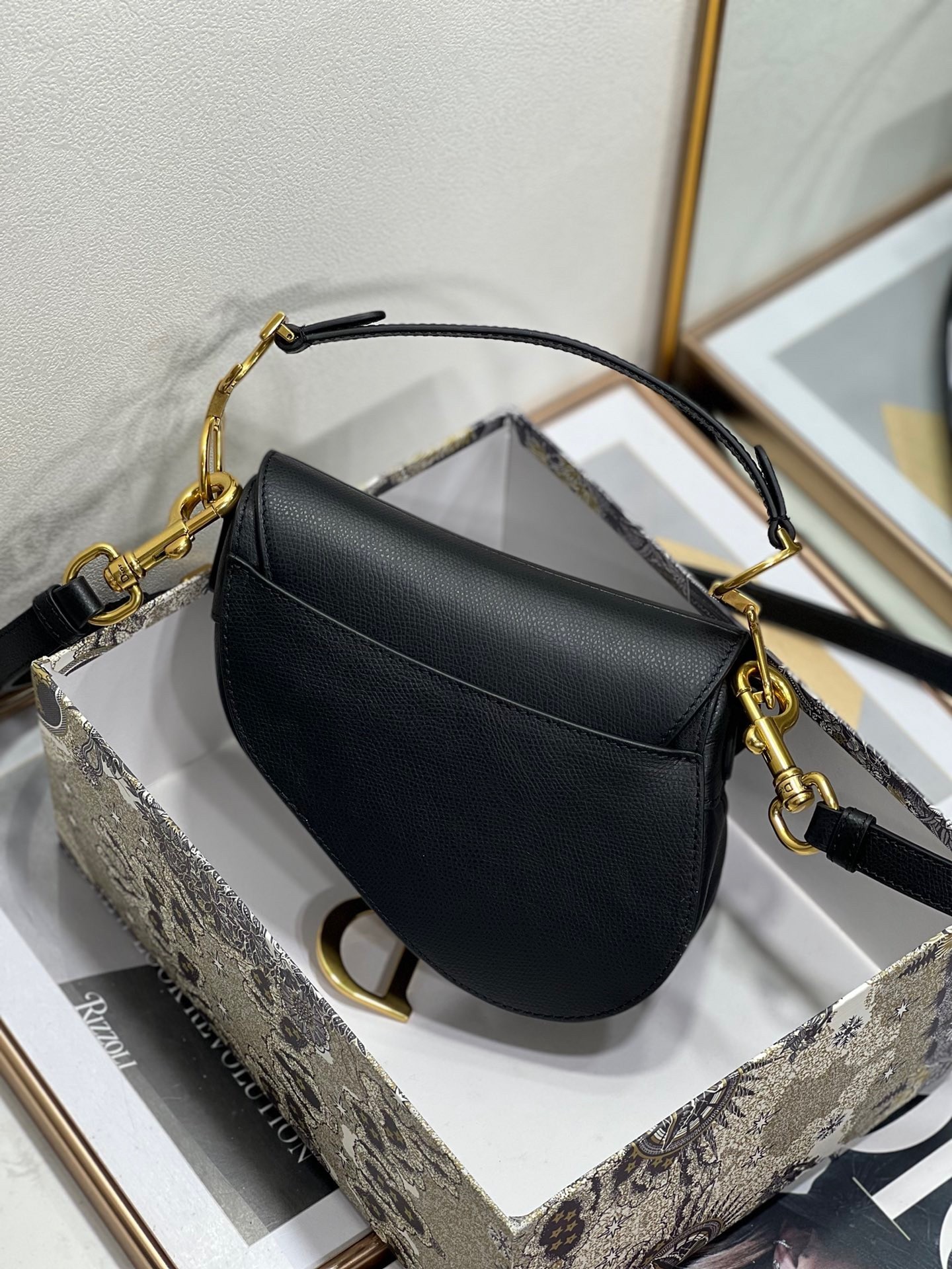 Dior Saddle Mini Bag with Strap in Black Grained Calfskin 479