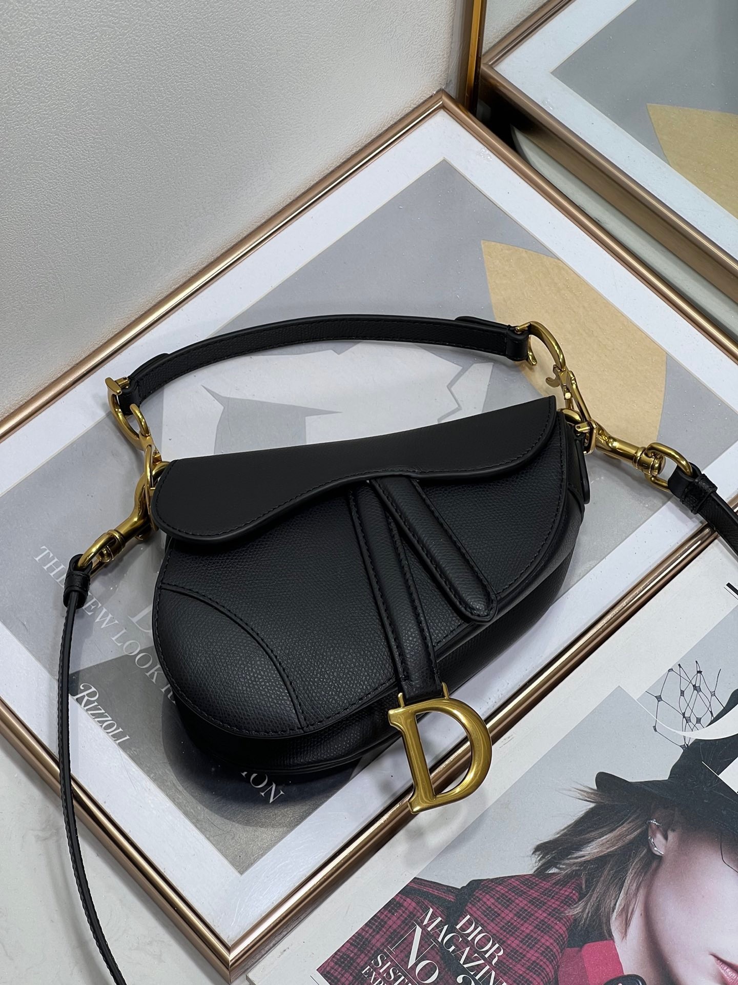 Dior Saddle Mini Bag with Strap in Black Grained Calfskin 479