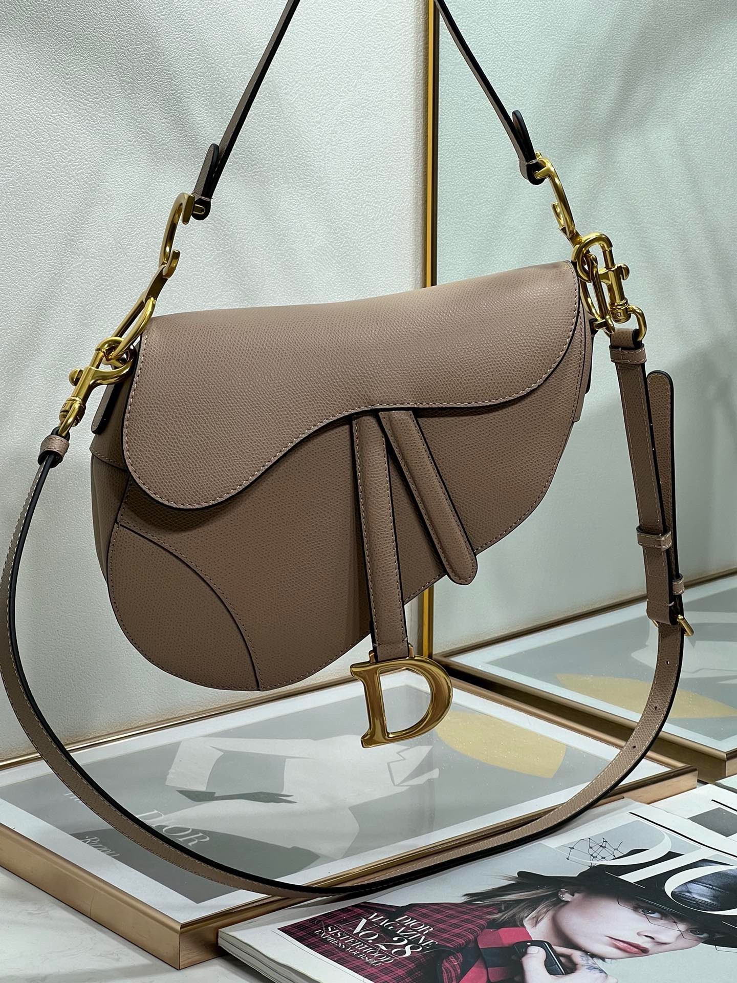 Dior Saddle Bag with Strap in Warm Taupe Grained Calfskin 804