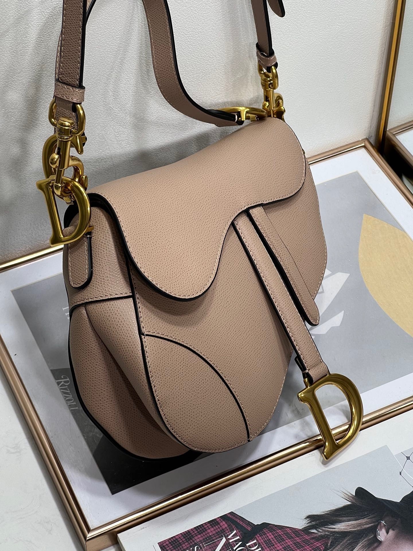 Dior Saddle Bag with Strap in Warm Taupe Grained Calfskin 804