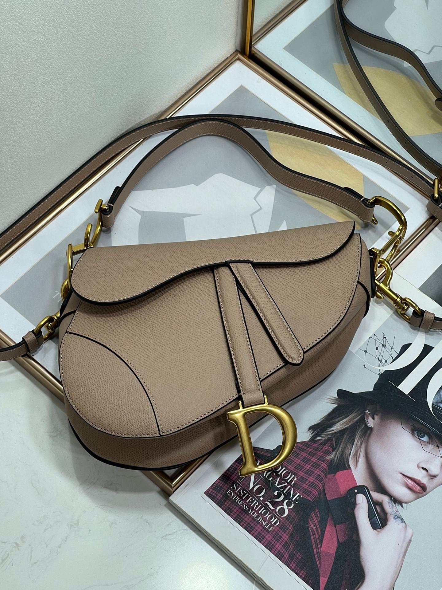 Dior Saddle Bag with Strap in Warm Taupe Grained Calfskin 804