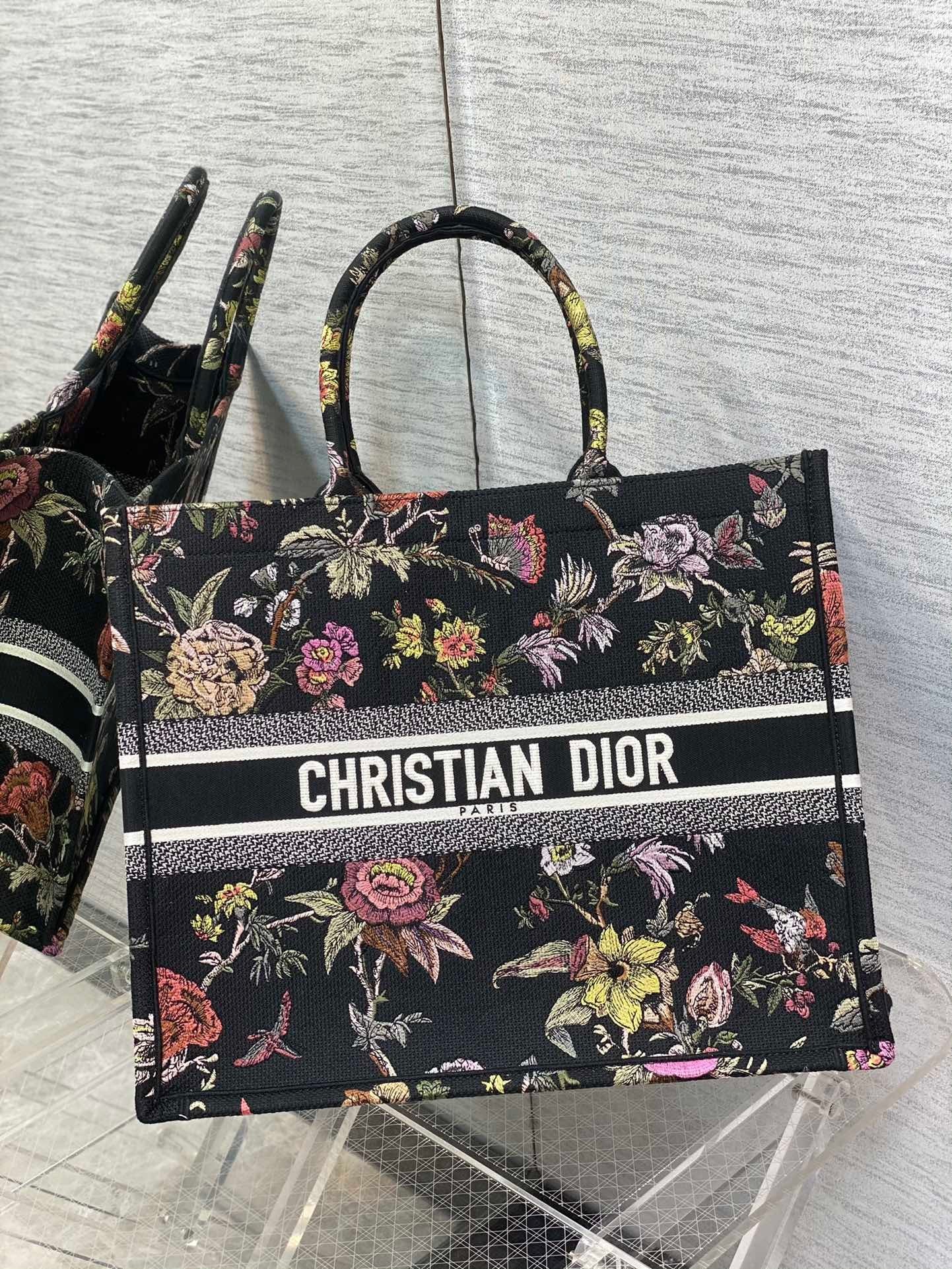 Dior Large Book Tote Bag In Black Multicolor Jardin Botanique Embroidery 424