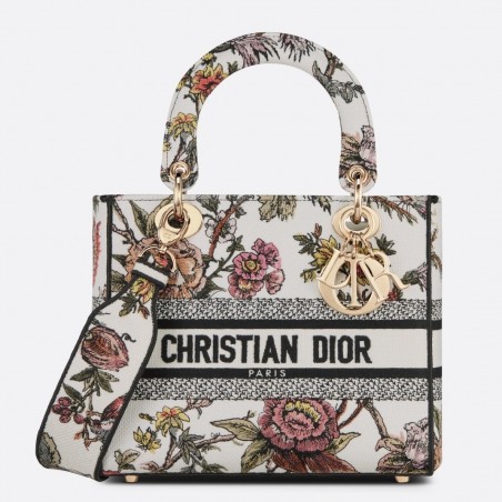 Dior Medium Lady D-Lite Bag In White Jardin Botanique Embroidery 519