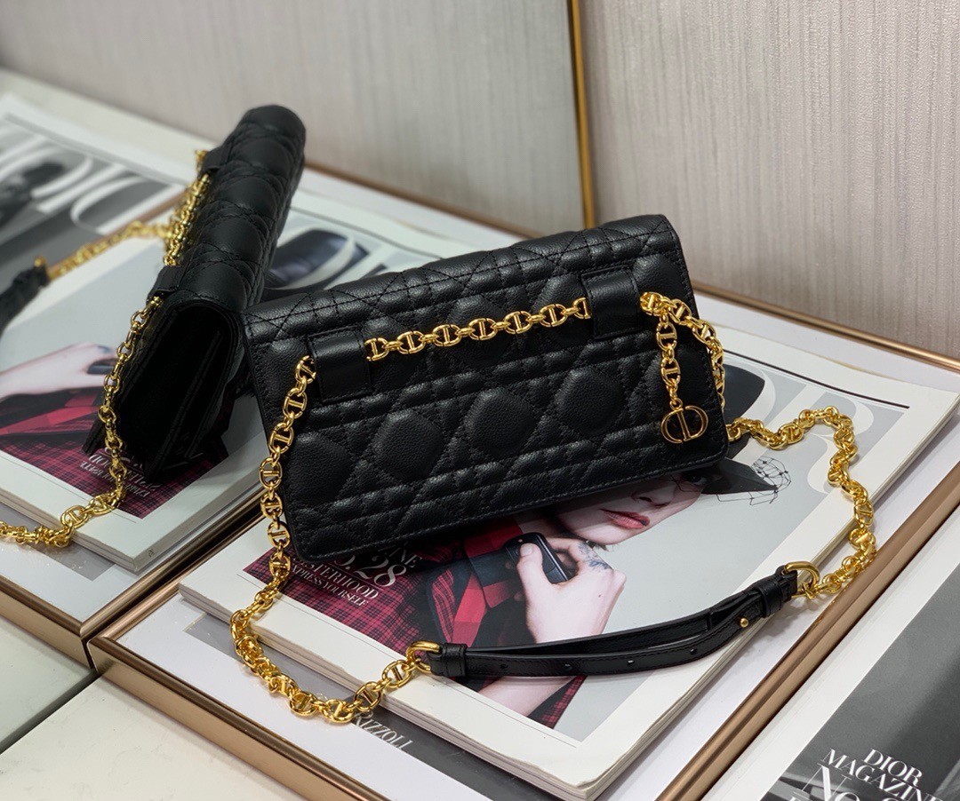 Dior Caro Chain Pouch In Black Cannage Calfskin 559