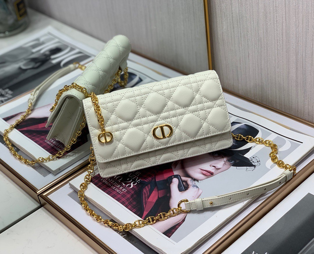 Dior Caro Chain Pouch In White Cannage Calfskin 589