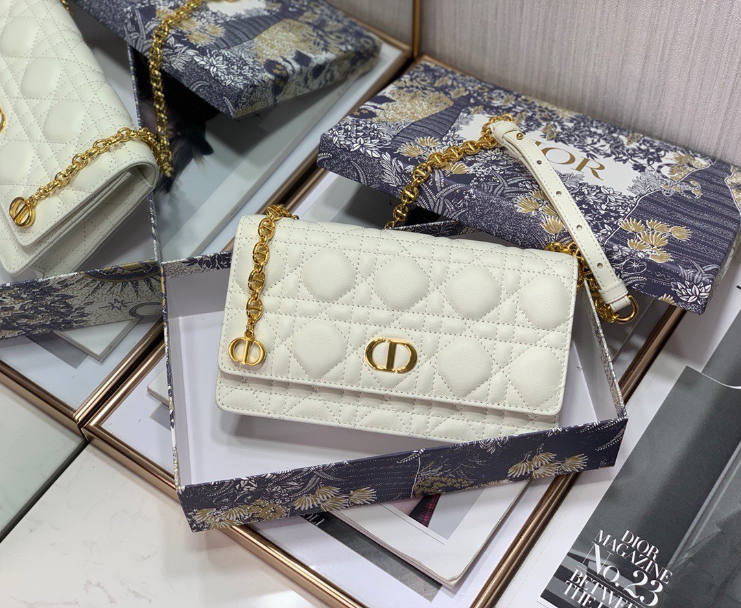 Dior Caro Chain Pouch In White Cannage Calfskin 589