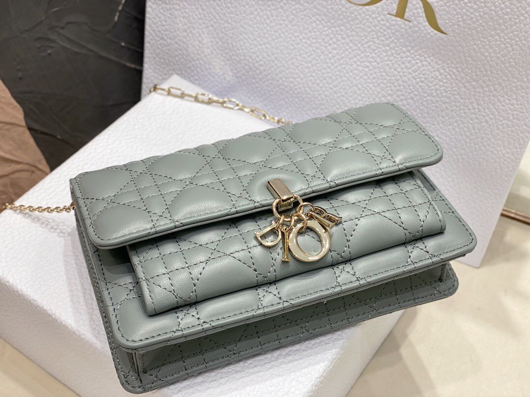 Dior Lady Dior Chain Pouch In Grey Cannage Lambskin 618