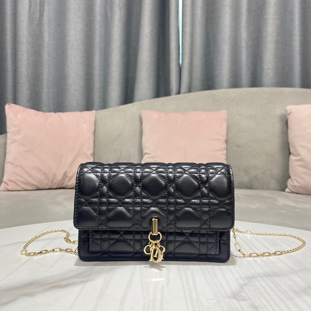 Dior Lady Dior Chain Pouch In Black Cannage Lambskin 645