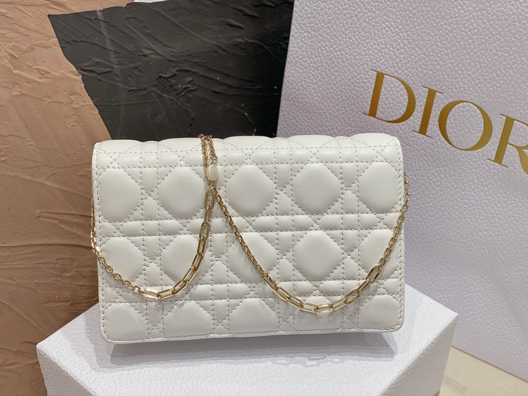 Dior Lady Dior Chain Pouch In White Cannage Lambskin 675