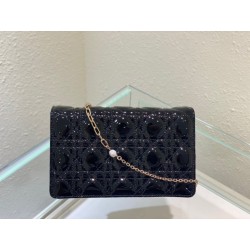 Dior Lady Dior Chain Pouch In Black Patent Calfskin 709