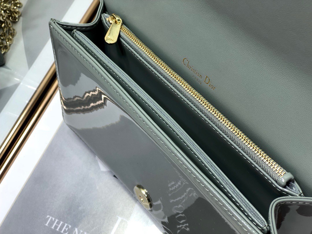 Dior Lady Dior Clutch With Chain In Grey Patent Leather 404