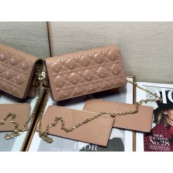 Dior Lady Dior Clutch With Chain In Rose Des Vents Patent Leather 434