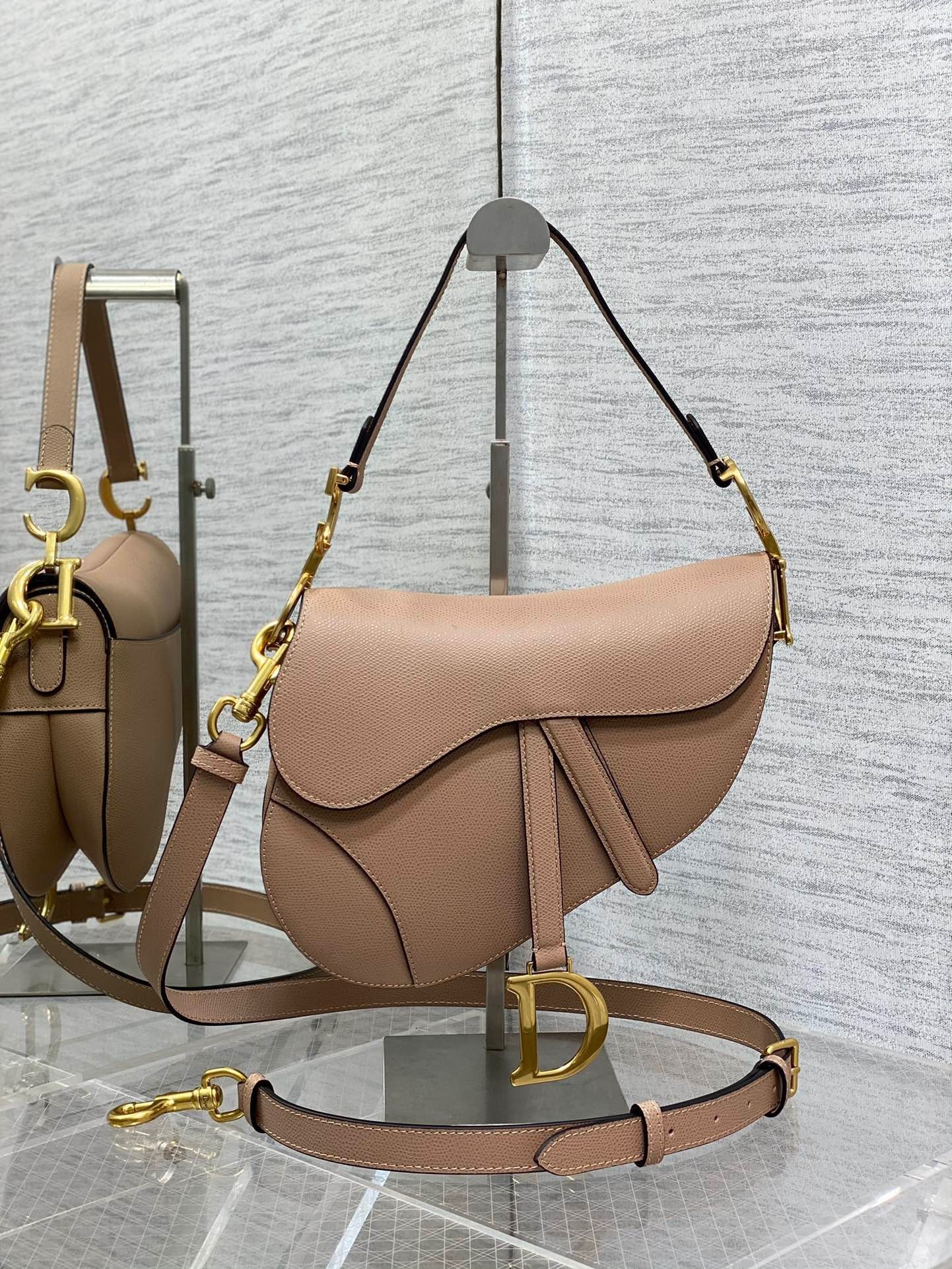 Dior Saddle Bag with Strap in Blush Grained Calfskin 498