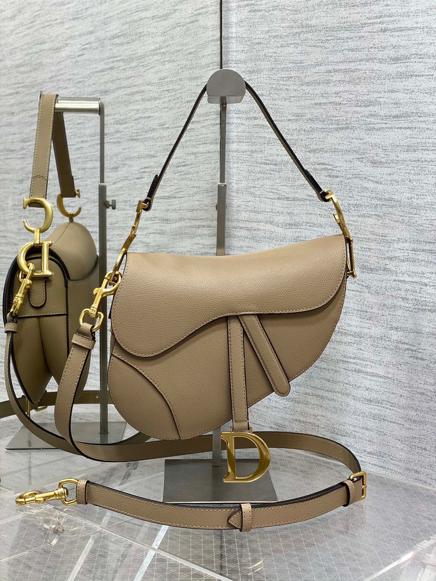 Dior Saddle Bag with Strap in Sand Grained Calfskin 537