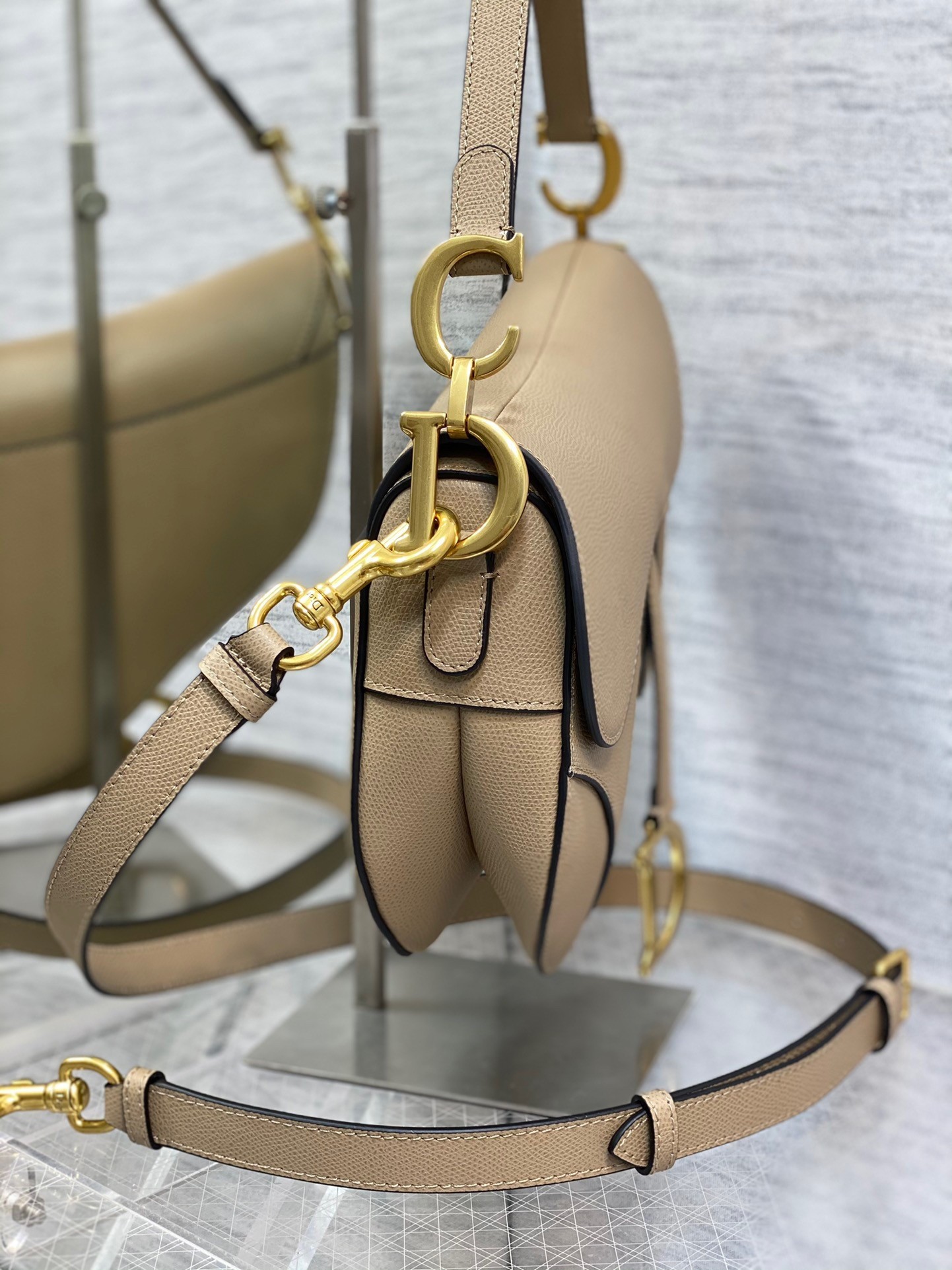 Dior Saddle Bag with Strap in Sand Grained Calfskin 537