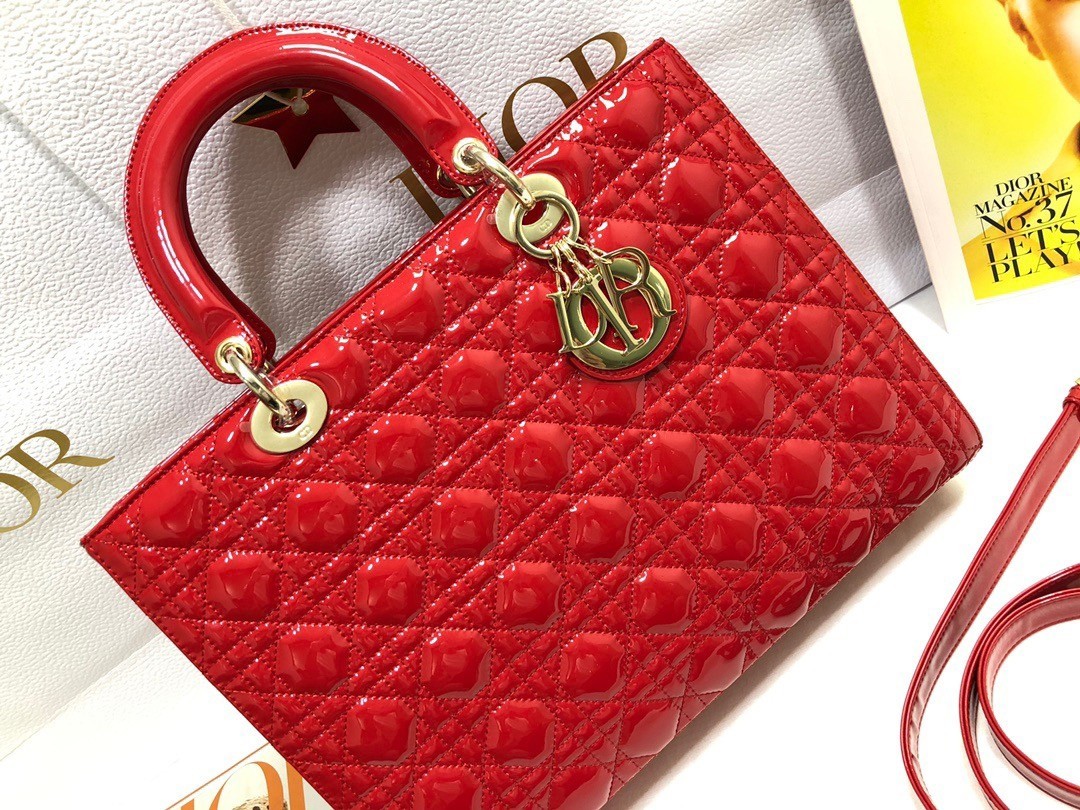 Dior Large Lady Dior Bag In Red Patent Cannage Calfskin 599