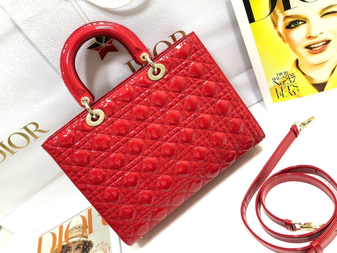 Dior Large Lady Dior Bag In Red Patent Cannage Calfskin 599