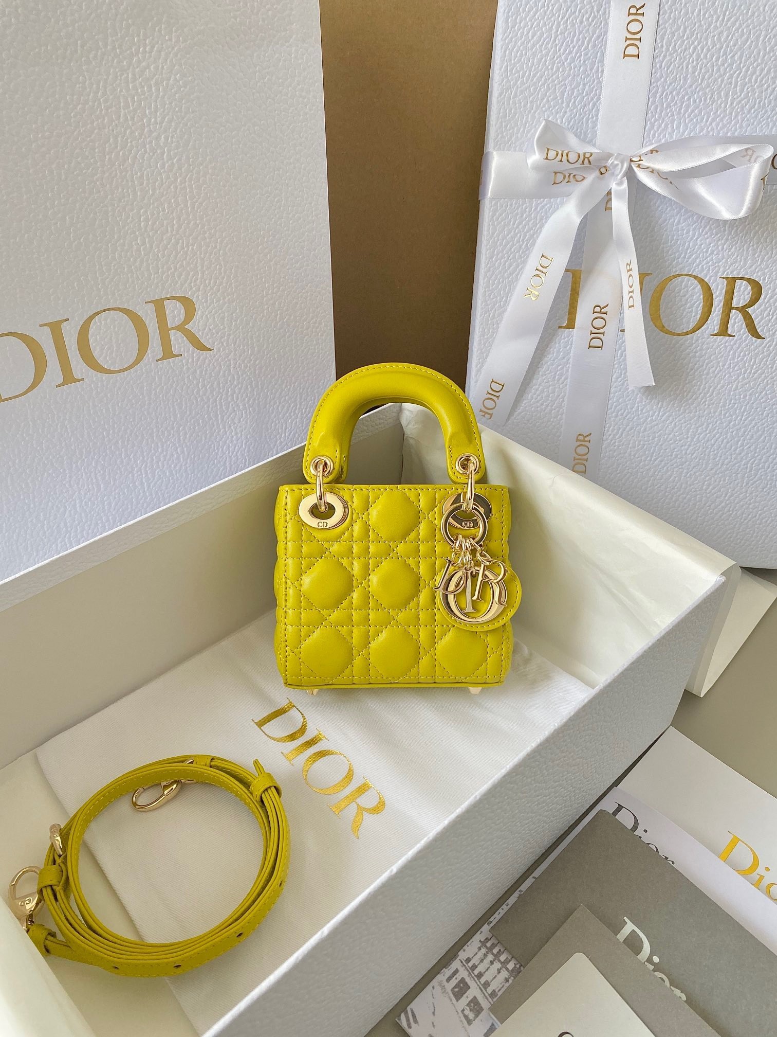 Dior Lady Dior Micro Bag In Yellow Cannage Lambskin 058