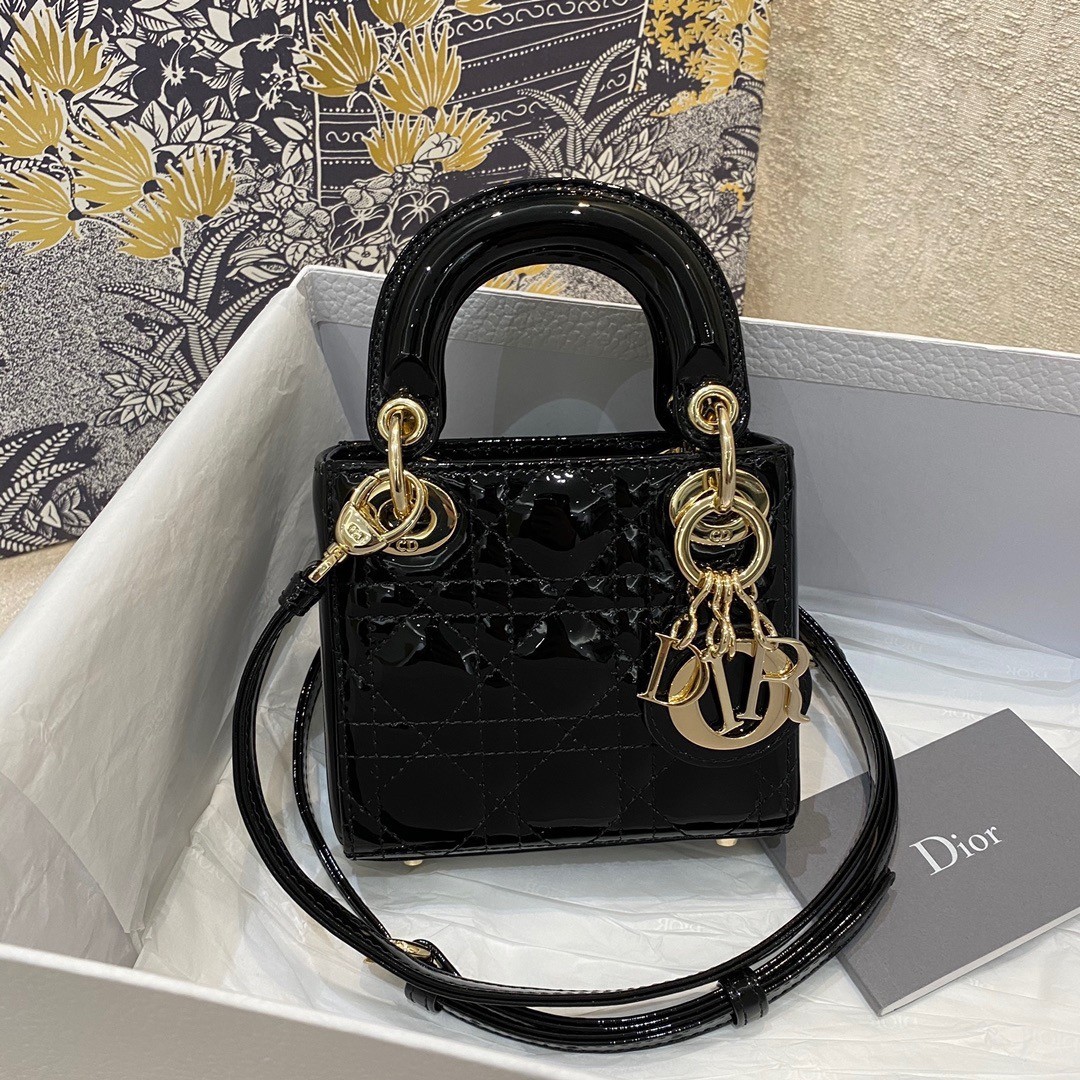 Dior Lady Dior Micro Bag In Black Patent Cannage Calfskin 095