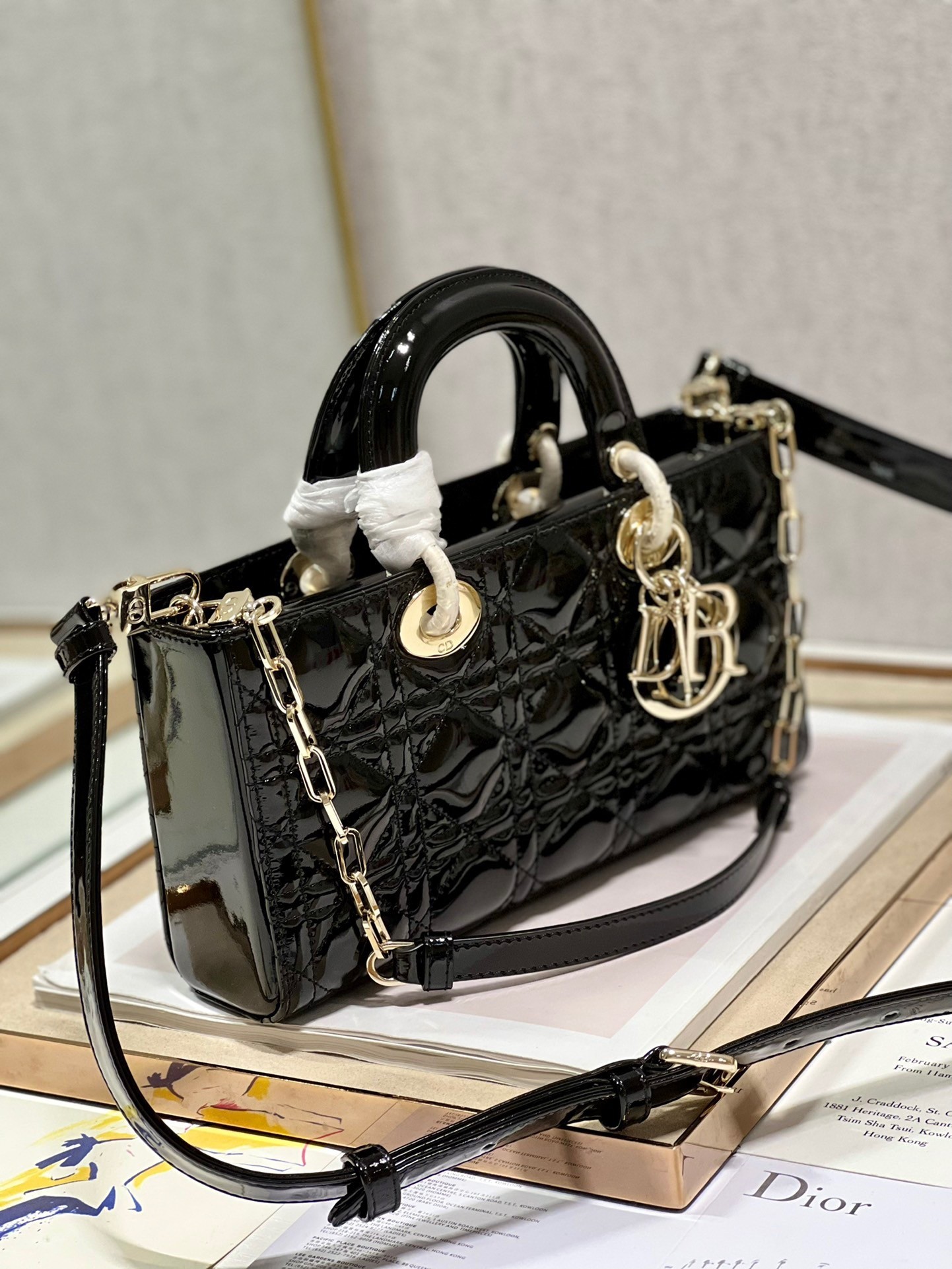 Dior Lady D-Joy Medium Bag In Black Patent Cannage Calfskin 670