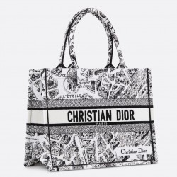 Dior Medium Book Tote Bag In White Plan de Paris Embroidery  720