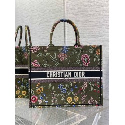 Dior Large Book Tote Bag In Green Dior Petites Fleurs Embroidery 746