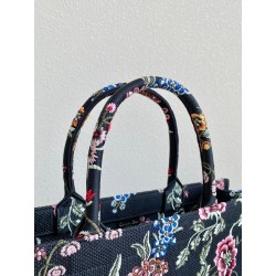 Dior Large Book Tote Bag In Black Dior Petites Fleurs Embroidery 763