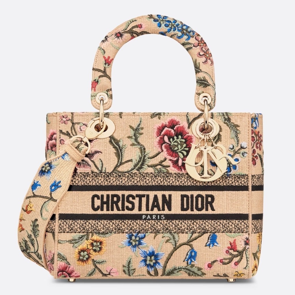 Dior Lady D-Lite Medium Bag In Beige Raffia Embroidered with Dior Petites Fleurs 685