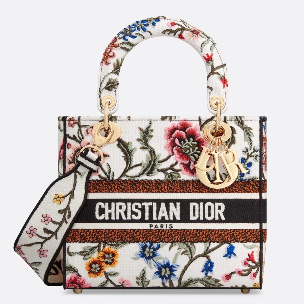 Dior Lady D-Lite Medium Bag In White Dior Petites Fleurs Embroidery 703