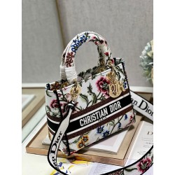 Dior Lady D-Lite Medium Bag In White Dior Petites Fleurs Embroidery 703