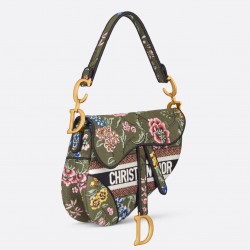 Dior Saddle Bag In Green Multicolor Dior Petites Fleurs Embroidery 095