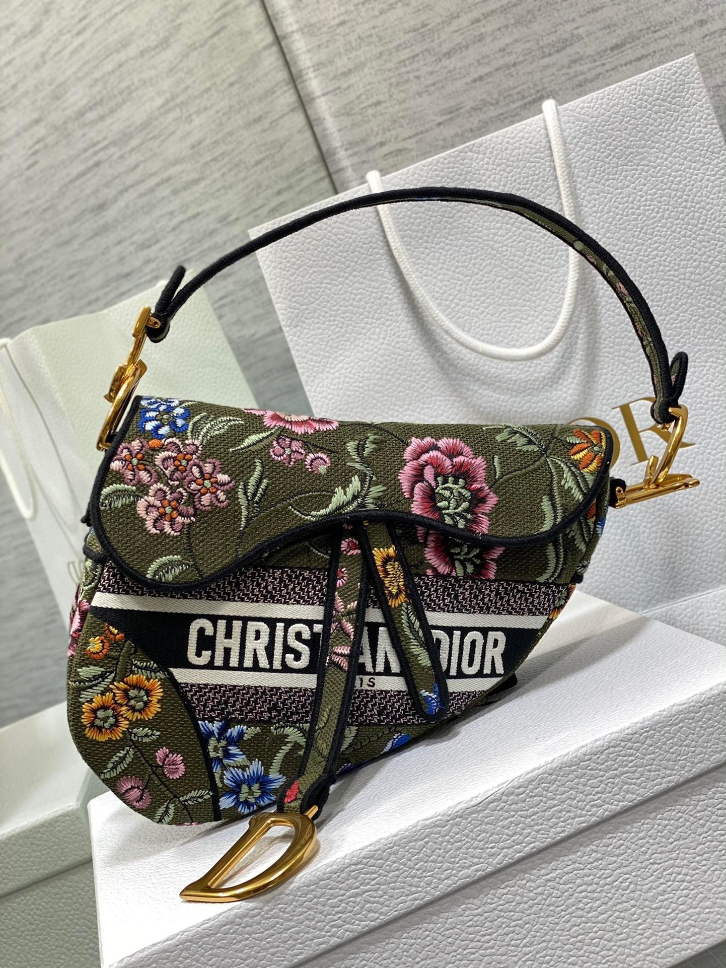 Dior Saddle Bag In Green Multicolor Dior Petites Fleurs Embroidery 095