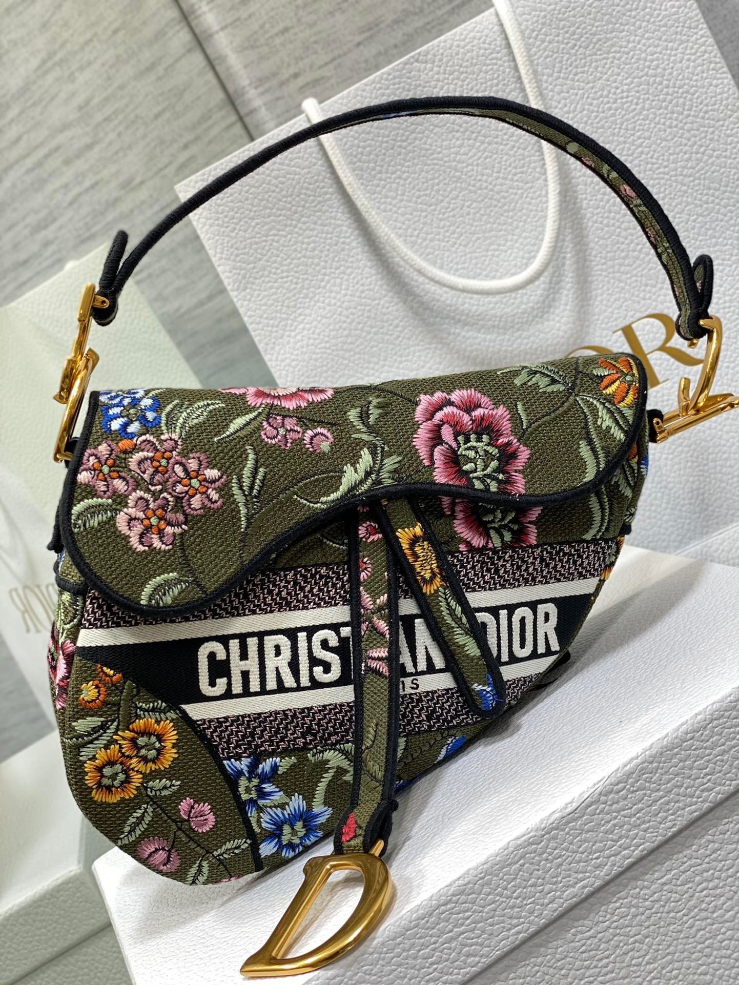 Dior Saddle Bag In Green Multicolor Dior Petites Fleurs Embroidery 095