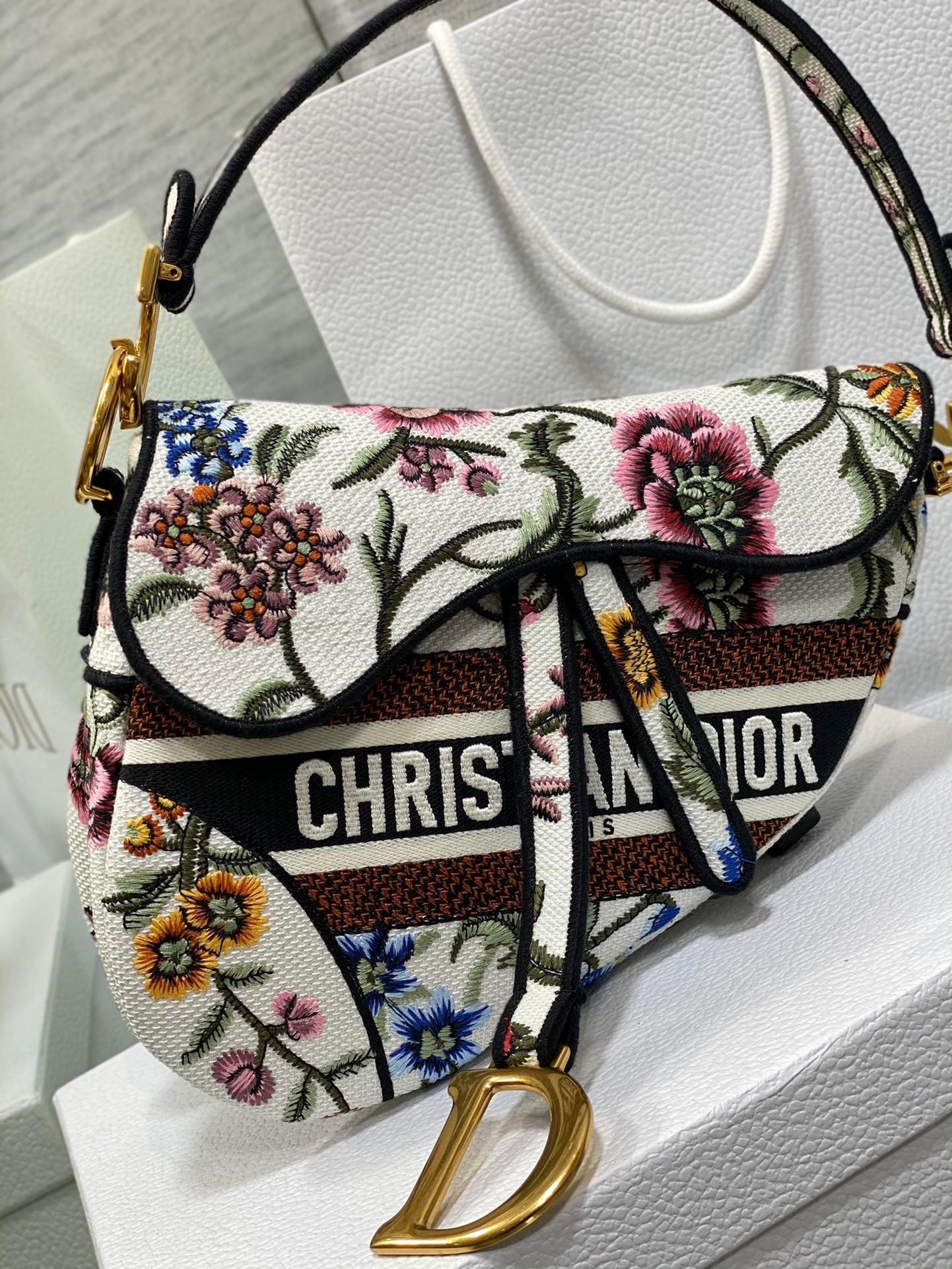 Dior Saddle Bag In White Multicolor Dior Petites Fleurs Embroidery 141