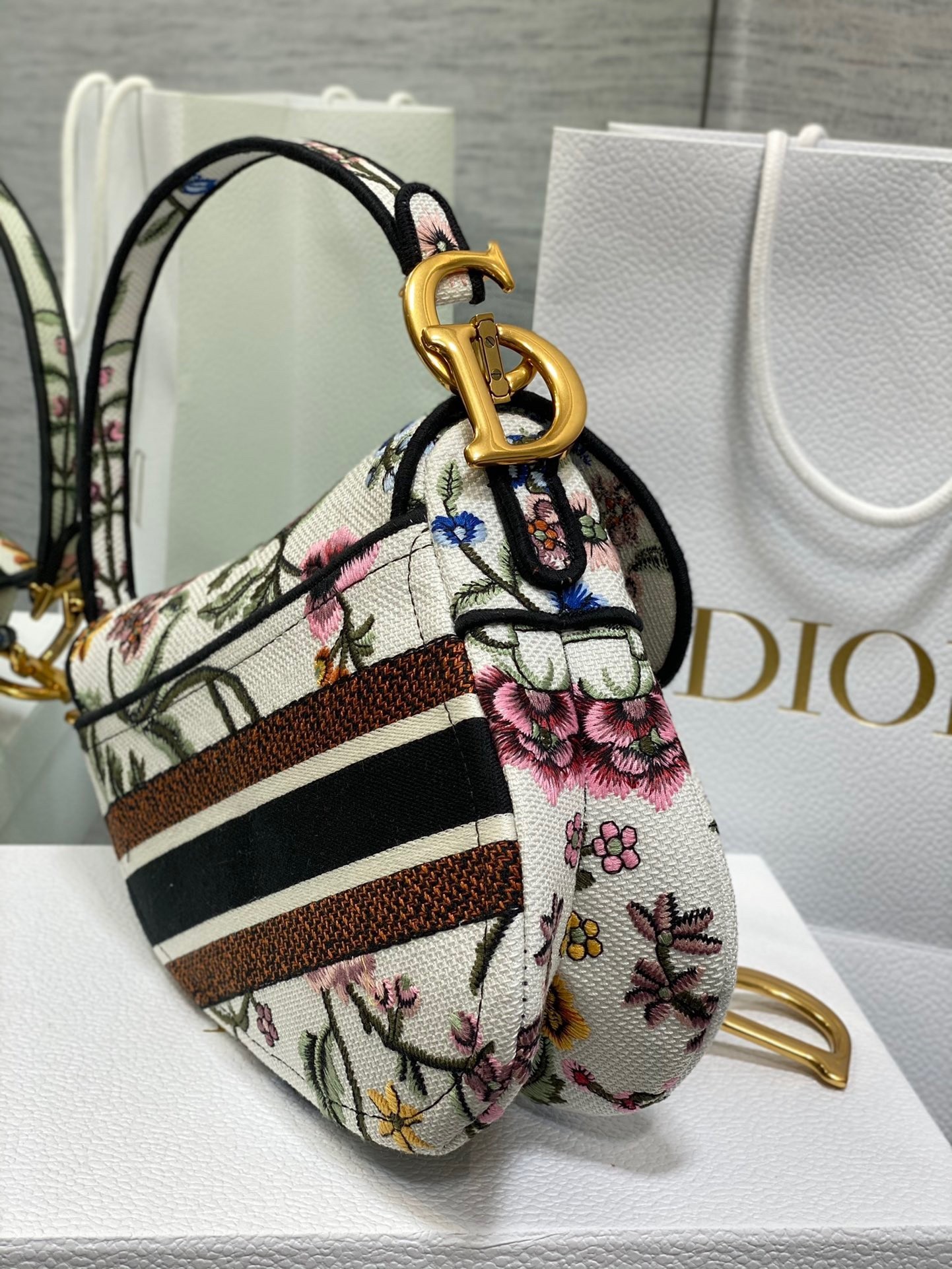 Dior Saddle Bag In White Multicolor Dior Petites Fleurs Embroidery 141