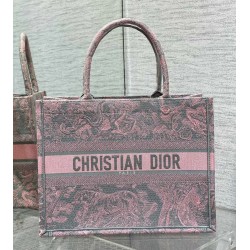 Dior Medium Book Tote Bag in Grey and Pink Toile de Jouy Reverse Embroidery 204