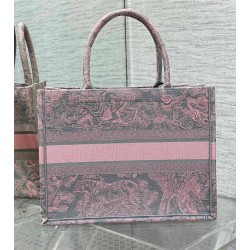 Dior Medium Book Tote Bag in Grey and Pink Toile de Jouy Reverse Embroidery 204