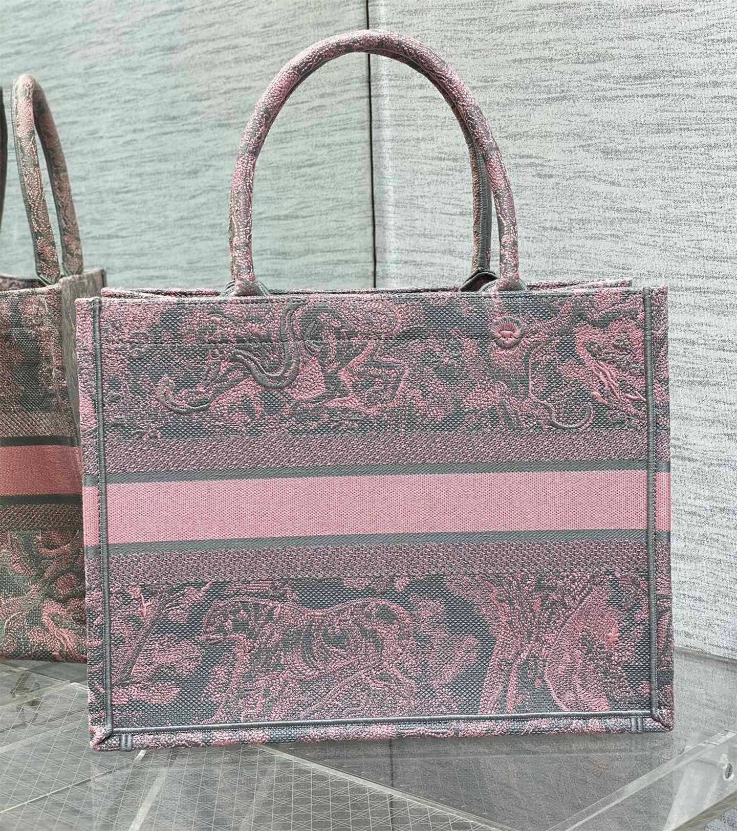 Dior Medium Book Tote Bag in Grey and Pink Toile de Jouy Reverse Embroidery 204