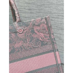 Dior Medium Book Tote Bag in Grey and Pink Toile de Jouy Reverse Embroidery 204